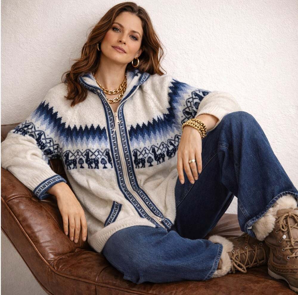 VINTAGE Peruvian Alpaca Print Full Zip Sweater Blue White Sz M {3W5}